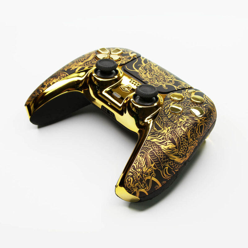 Front angle of Gold Dragon Chrome PlayStation 5 Controller