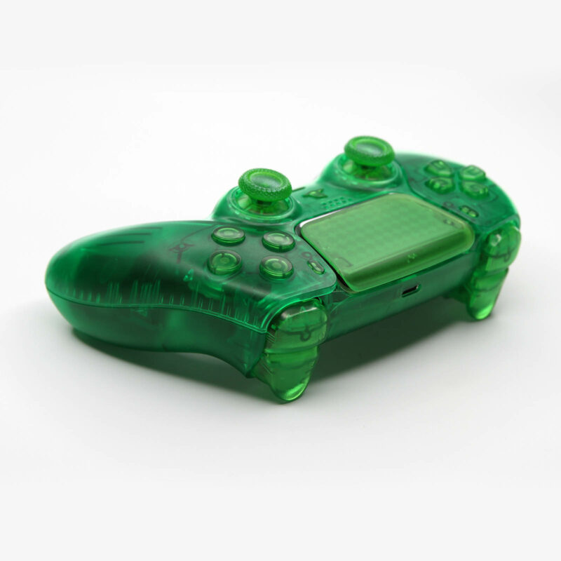 Back right view of transparent green ps5 controller by killscreen.io