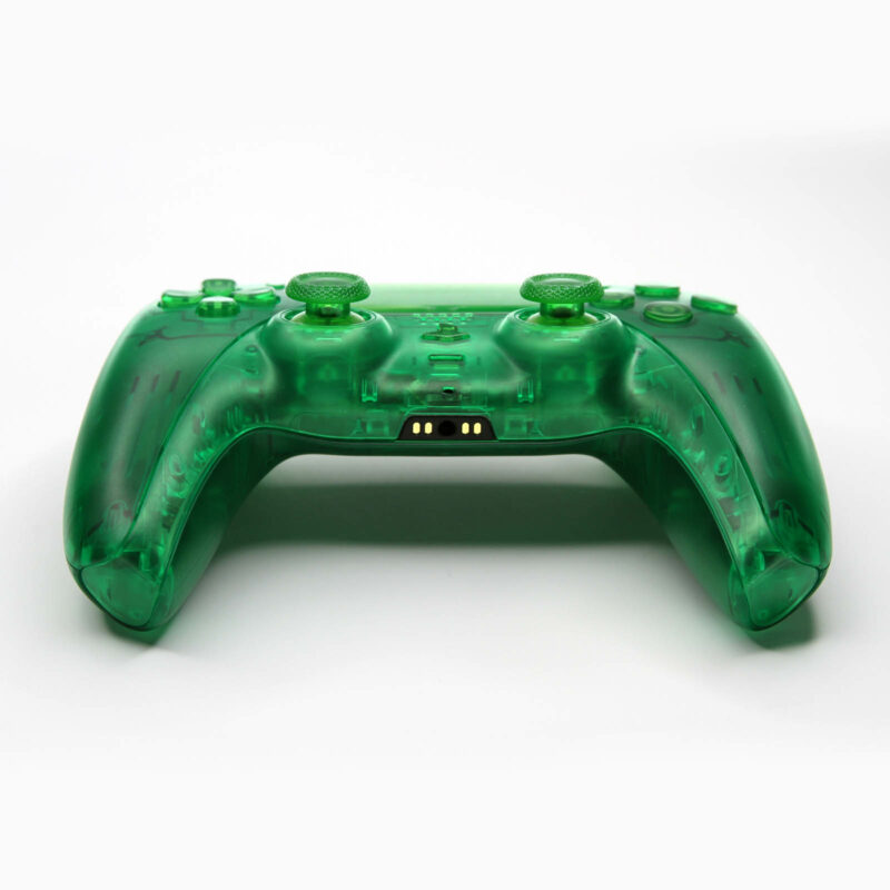 front view of triple clear green ps5 custom controller by killscreen