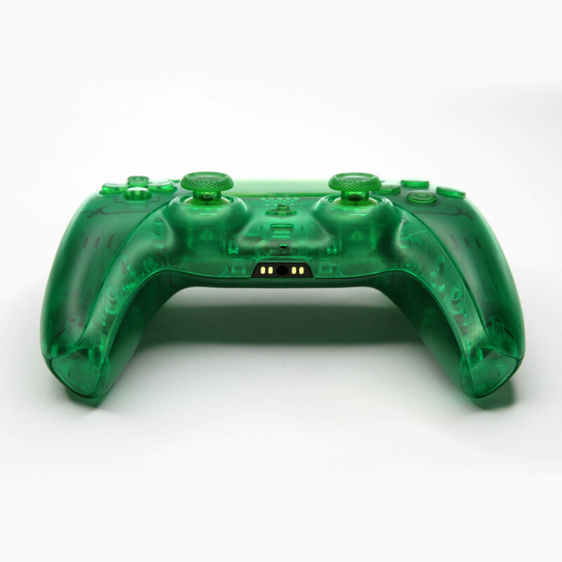 front view of triple clear green ps5 custom controller by killscreen
