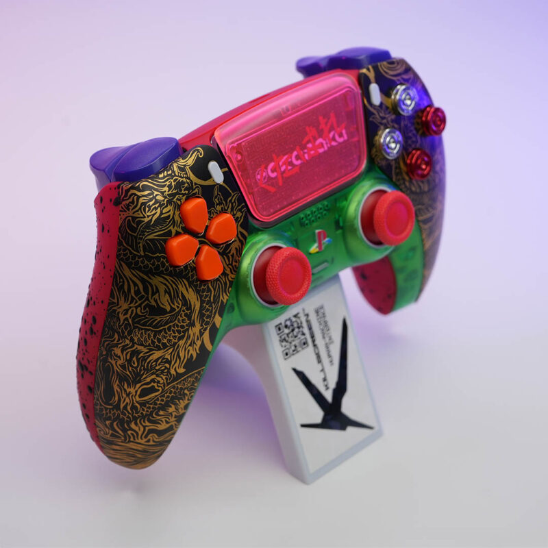 Angled view of Oni Drive TGR-X Tyger Claws PS5 Controller on stand