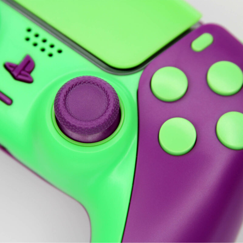 Close-up of purple green ps5 controller