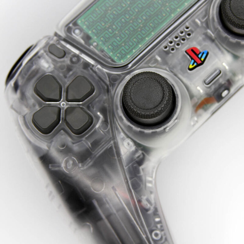 Close-up of dpad on PS2 Crystal Clear PS5 Controller by Killscreen