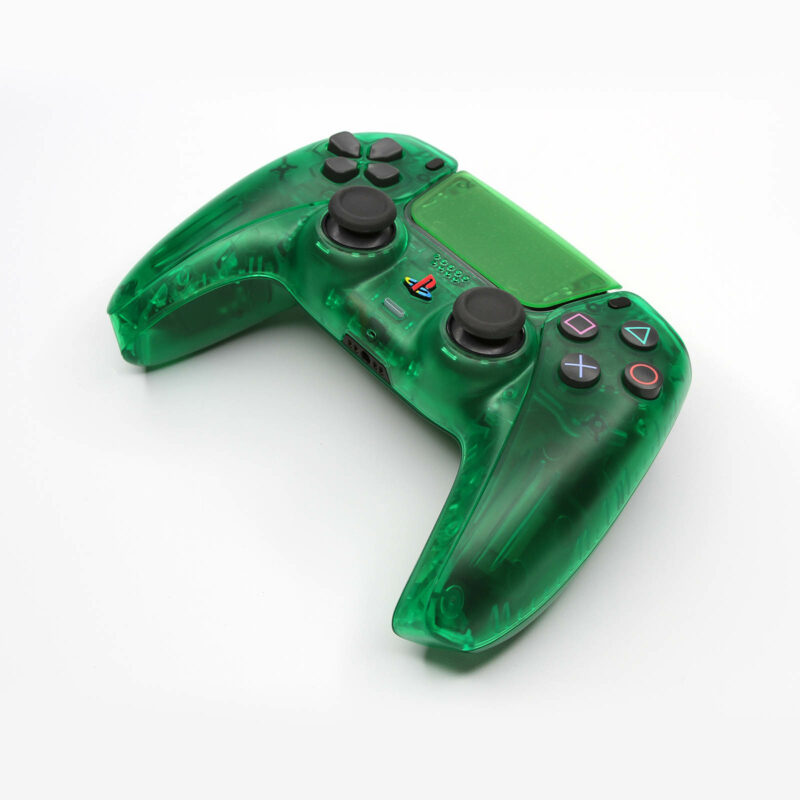 Front angle of clear green PS2 Emerald Retro PS5 Controller