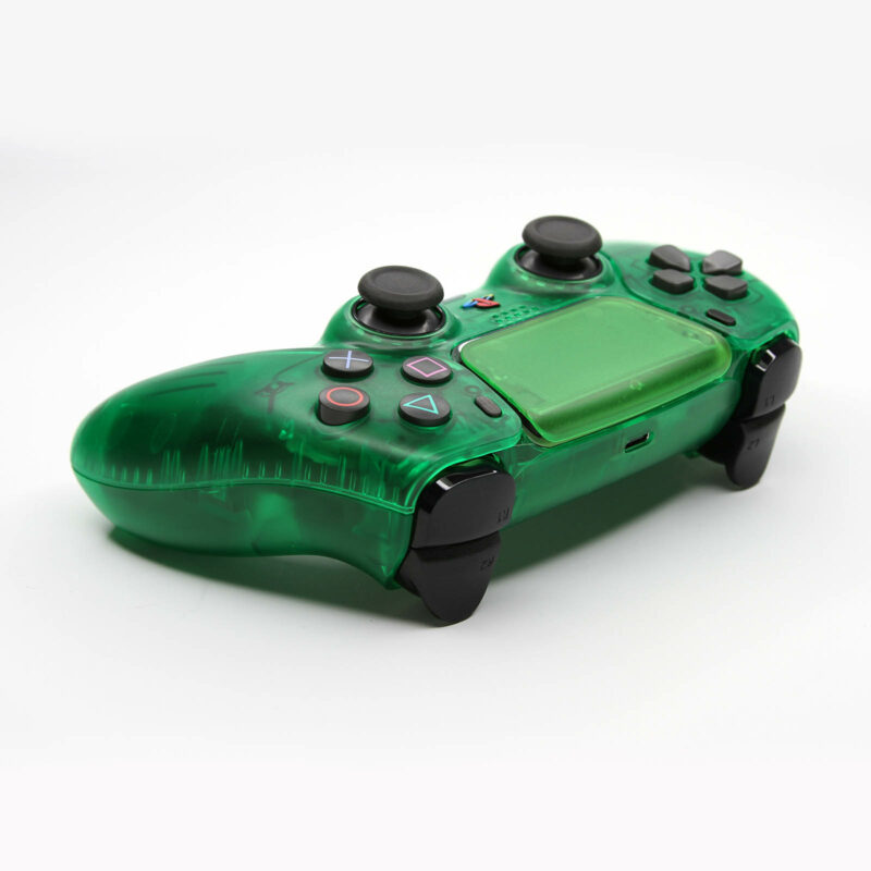 Action buttons rear angle view of clear green PS2 Emerald PS5 Controller