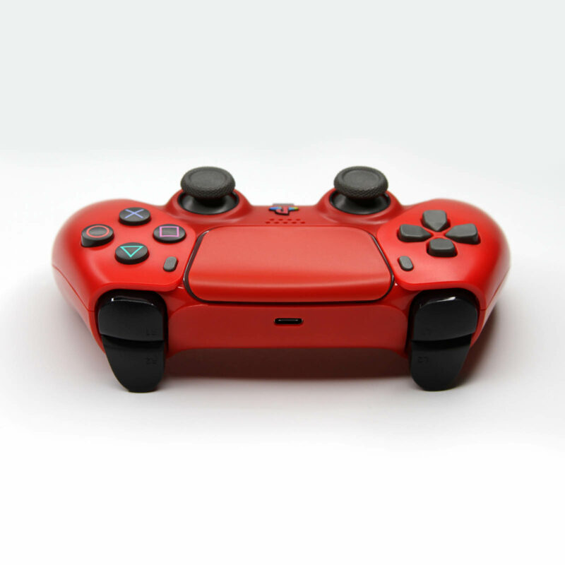 Rear angle of Killscreen's Cinnabar Red Retro PS5 Controller
