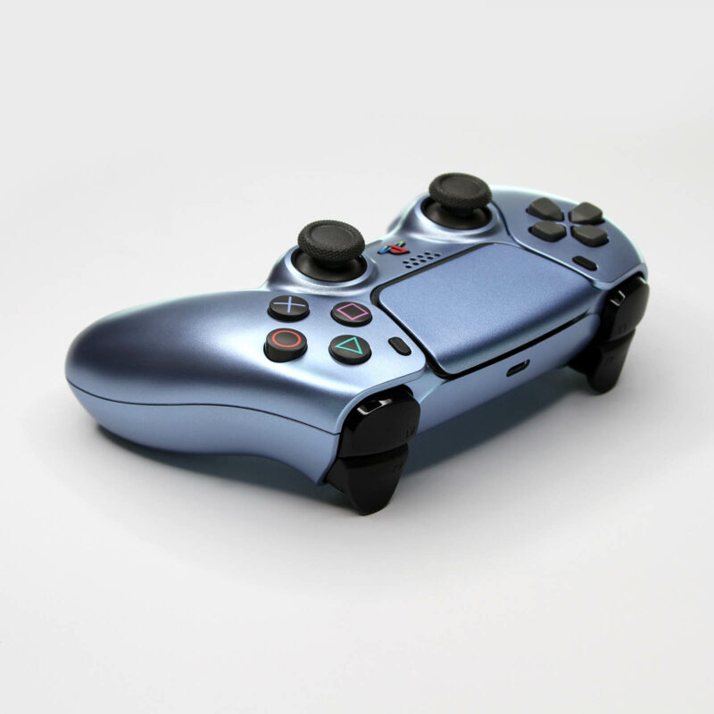 Back right angle of PS2 Metallic Aqua Blue Retro PlayStation 5 DualSense Controller