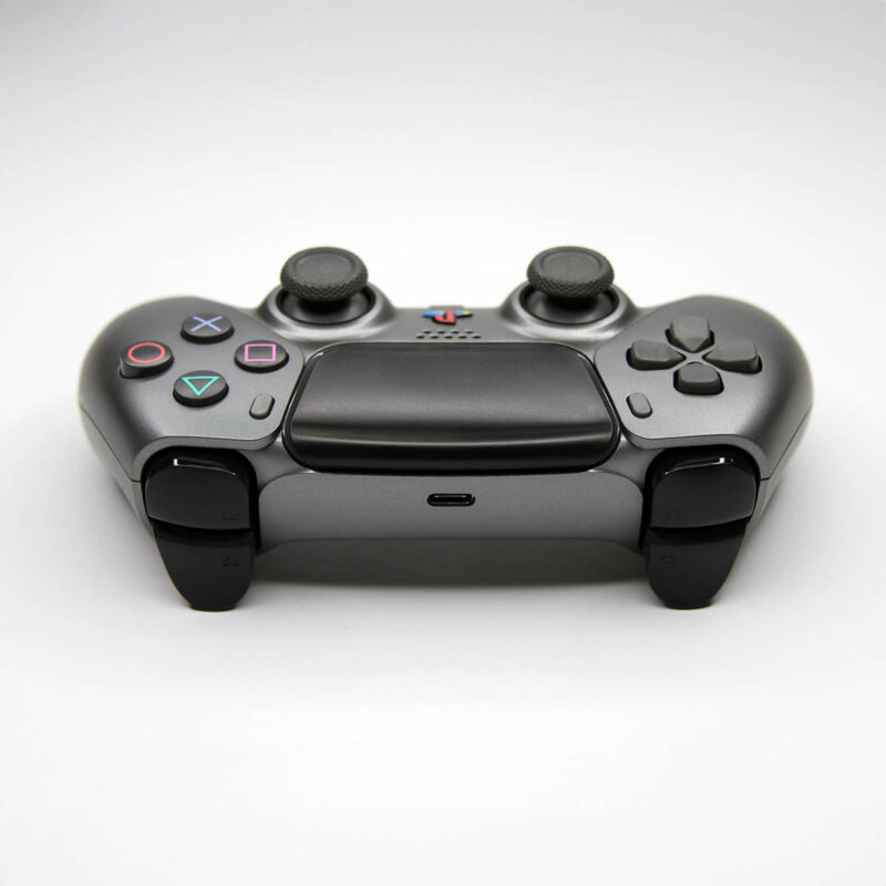 Rear view of Gunmetal Gray Retro PlayStation 5 DualSense Controller by Killscreen