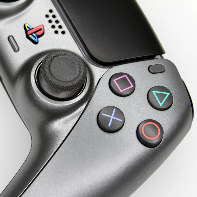 Close up view of Gunmetal Grey Retro PlayStation 5 DualSense Controller by Killscreen