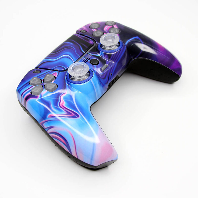 Front left angle of Origin Purple and Blue Wavy PS5 Controller