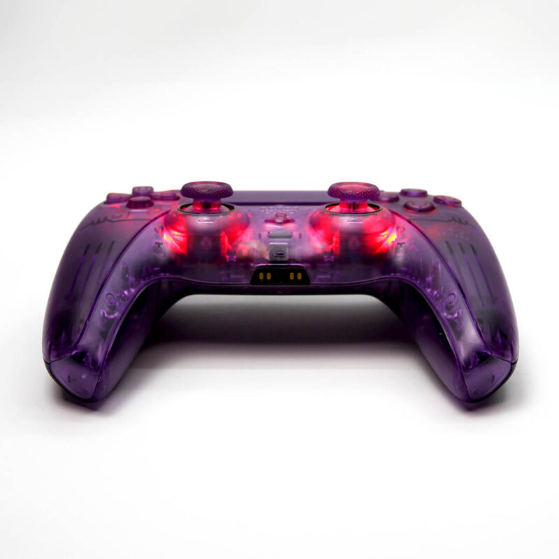 Front of Dpad view of Clear Atomic Purple RGB LED PlayStation 5 DualSense Controller