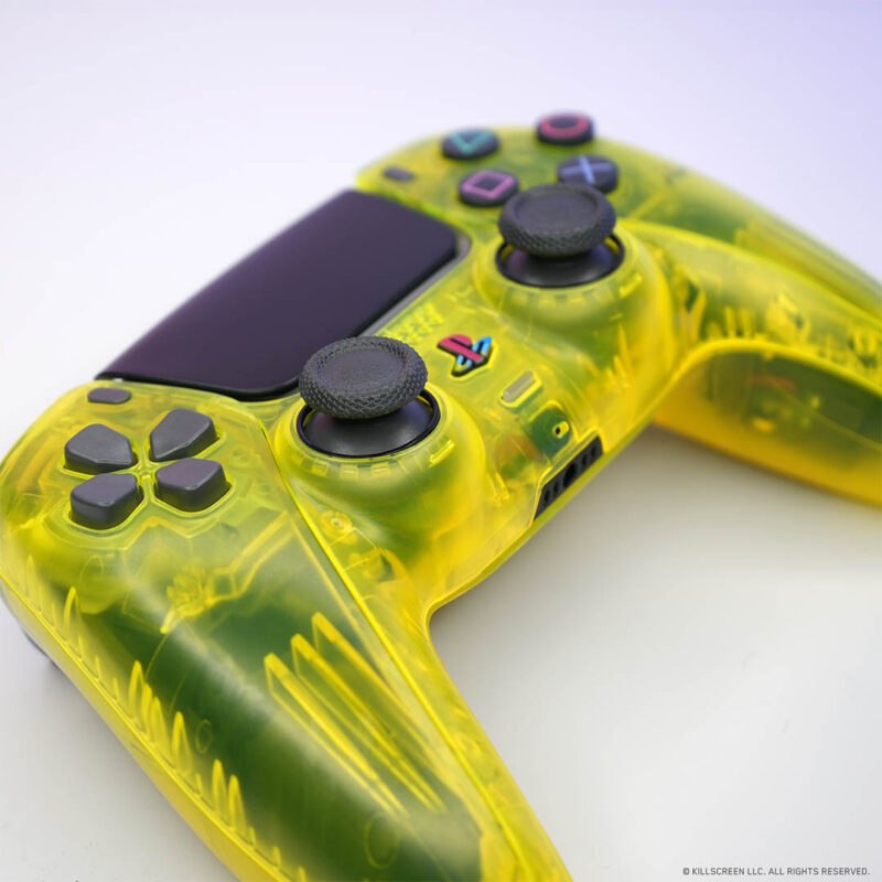 Front left of clear Lemon Yellow DualShock style PS5 Controller