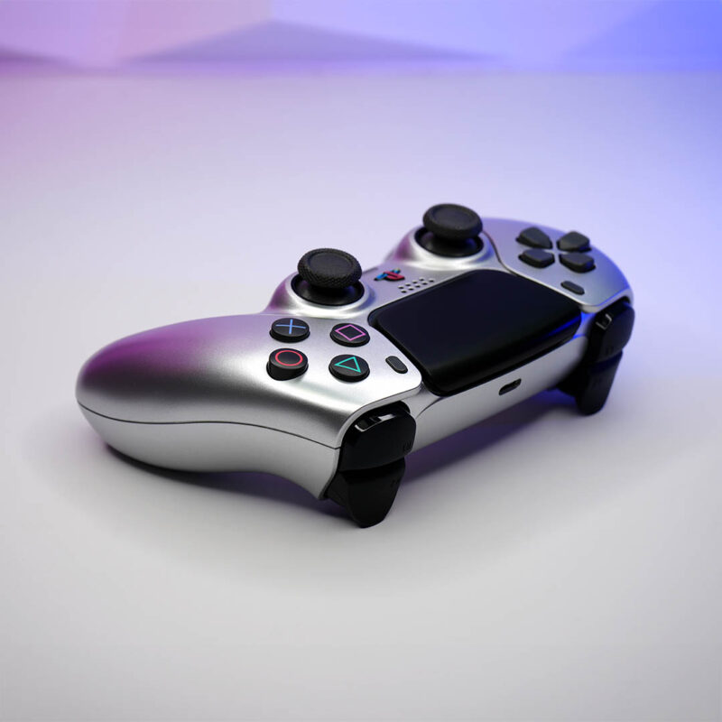 Action buttons angle of retro Silver PS5 Controller by Killscreen