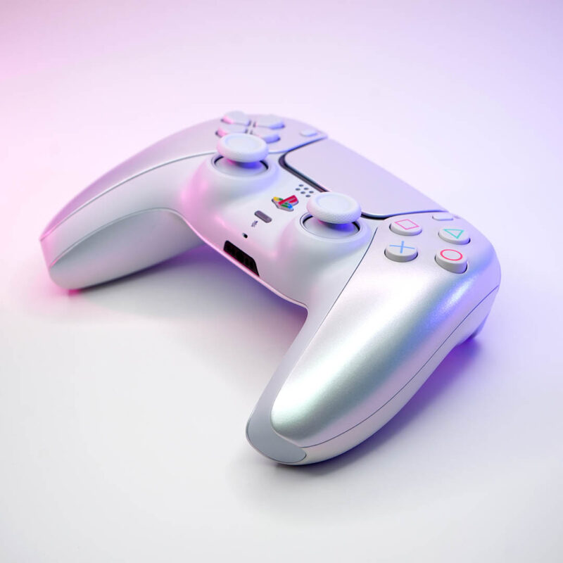 Front angle of PSone Pearl PlayStation 5 DualSense Controller by Killscreen
