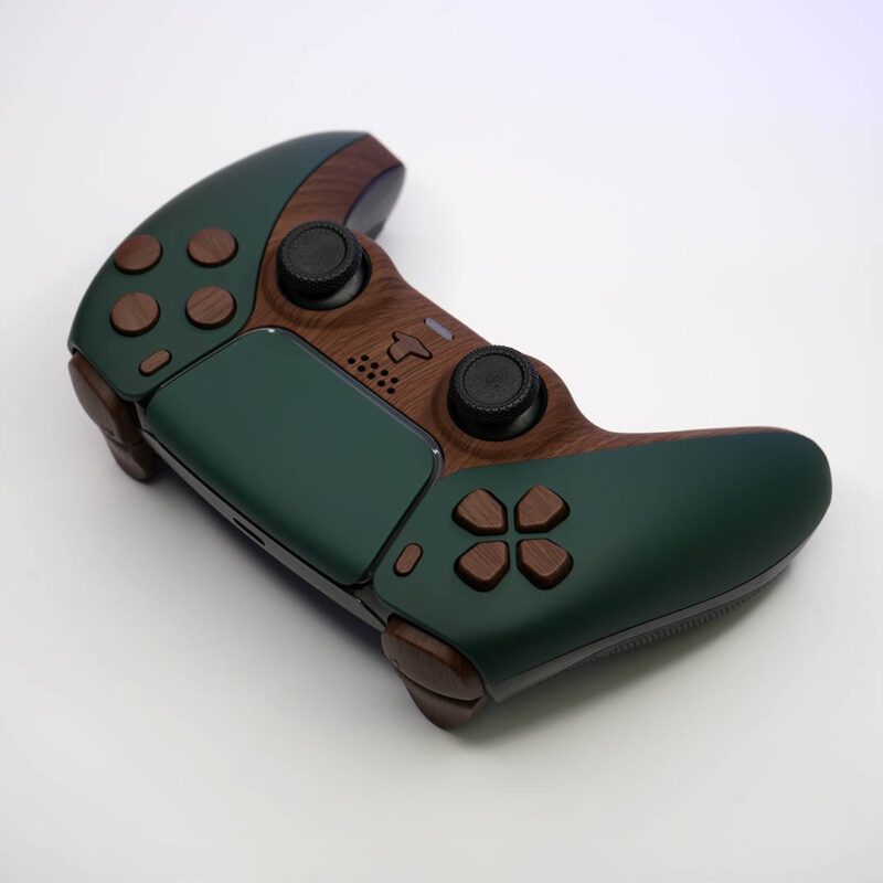 Top view of Ironwood Green and Wood Grain PS5 Controller