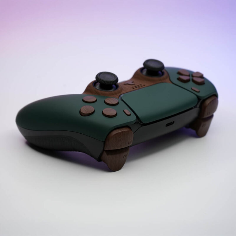 Rear angle of Green and Wood Grain DualSense Controller