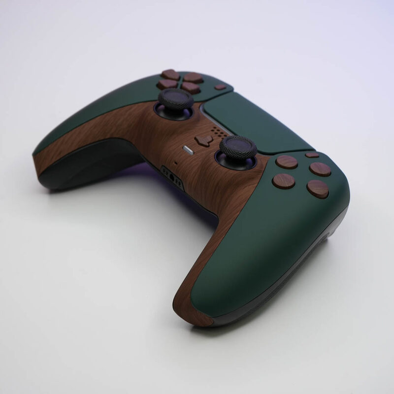 Front angle of Wooden PS5 DualSense Controller by Killscreen