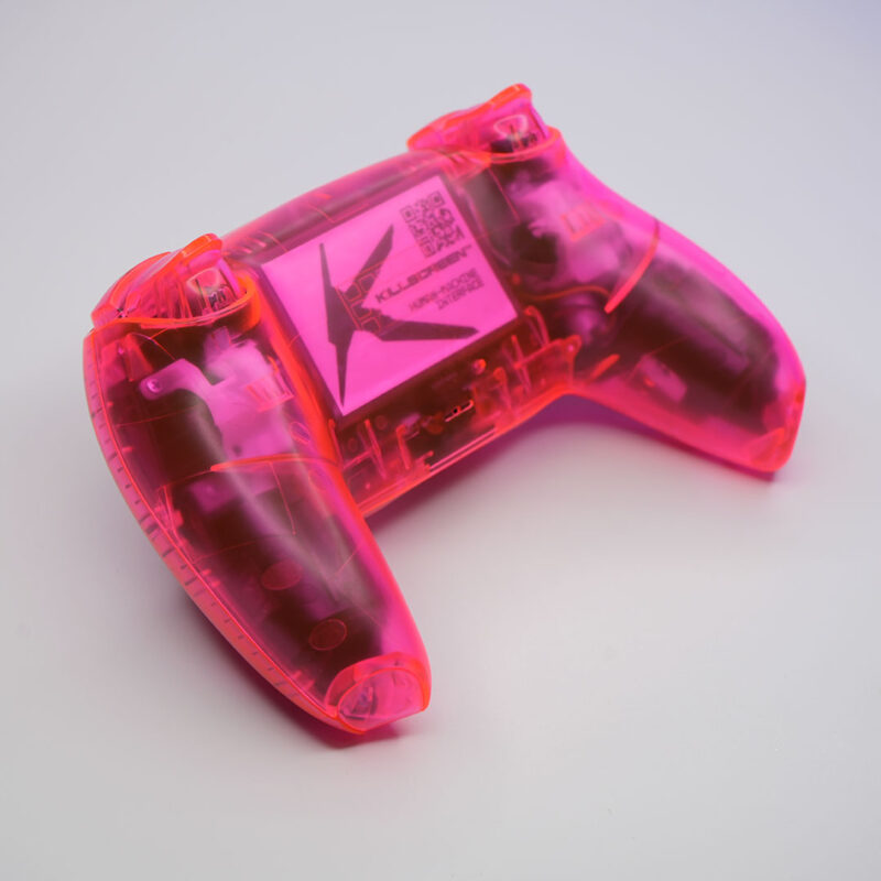 Angled rear view showing the Killscreen logo insert and fully translucent pink-orange shell