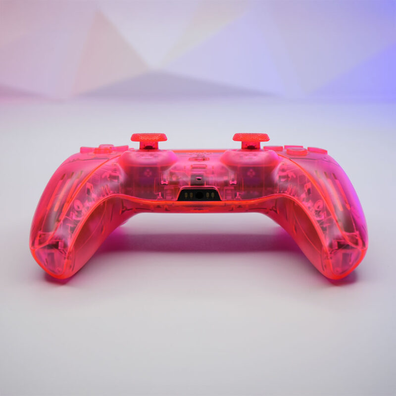 Angled front view of the controller showing symmetrical pink-orange handles and clear triggers