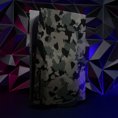 Front angle of disc ps5 console with camo faceplates