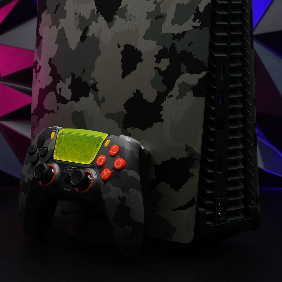Close up of back of camouflage PS5 console