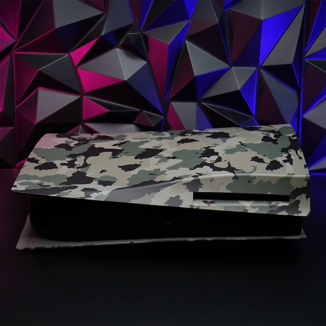 Killscreen Camo PS5 faceplates for PlayStation 5 Disc Edition shown flat, showcasing full camo pattern and matte texture.