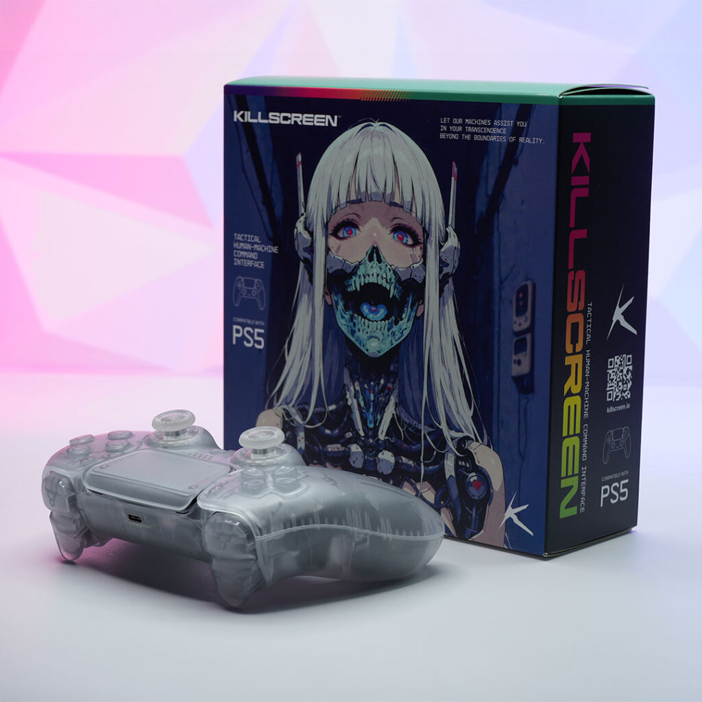 Killscreen GhoulSense™ controller in daylight beside collector box, showing hazy translucent shell before its glow-in-the-dark transformation.