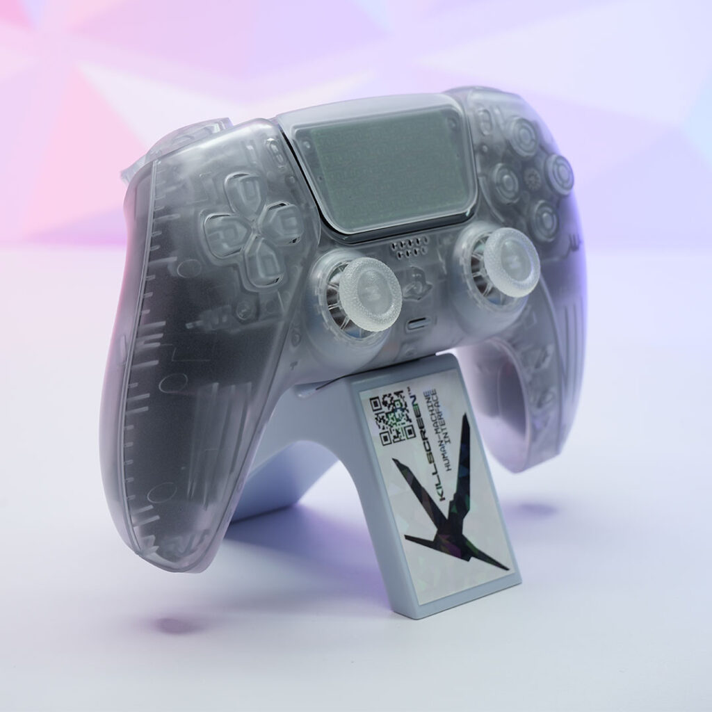 Killscreen GhoulSense™ translucent controller displayed on Killscreen stand in daylight.