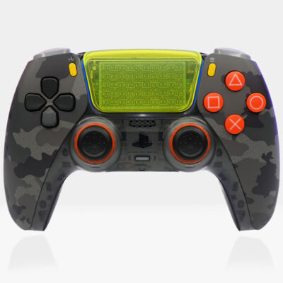 Front view of Killscreen StrikeFrame™ SF01-FPS PS5 controller with gray camouflage shell.